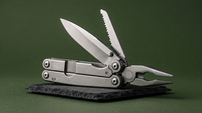 Stainless steel multitool with open blade and saw resting on dark slate surface against dark green background