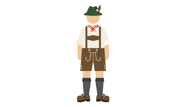Traditional Bavarian outfit for men including leather shorts with suspenders and a green hat with a feather on a figure.
