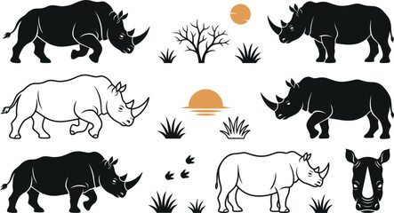 Rhinoceros Silhouette and Outline Vector Graphic Set with Sunset Savannah Trees Grass and Footprints for African Safari Branding Designs © Joyanto