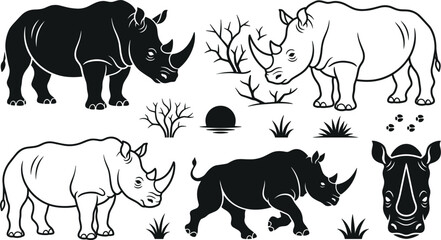 Rhinoceros Silhouette and Outline Vector Icon Set with Savannah Bushes Sun Grass and Footprints for African Safari Wildlife Designs © Joyanto