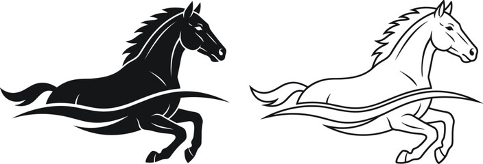 Fototapeta premium Running Horse Silhouette and Outline Vector Icon Set with Abstract Wind Waves for Equestrian Sports Ranch and Corporate Branding Logo Designs