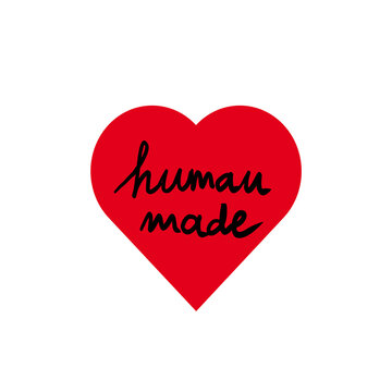 Red heart &ldquo;human made&rdquo; label PNG, hand-lettered artisan badge for handmade product packaging, craft branding, maker labels, small business products, social media, stickers, UI