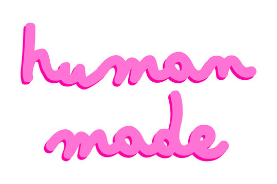 Pink handwritten "human made" signature style text icon. Artisan product label, handcrafted badge, stylized signature mark. High-res PNG, vector illustration on transparent background. Social media