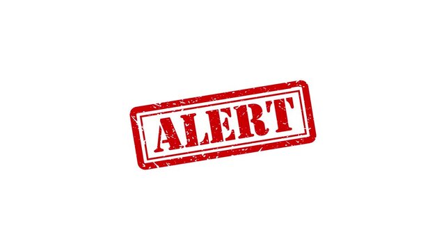 Red alert rubber stamp animation on white background, warning sign motion