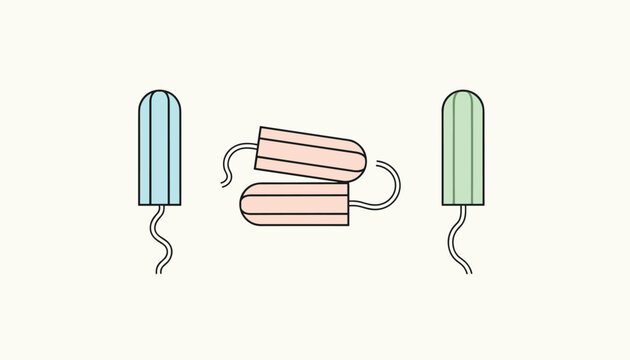 Graphic illustration of several tampons in different colors including blue, pink, and green representing feminine hygiene products.