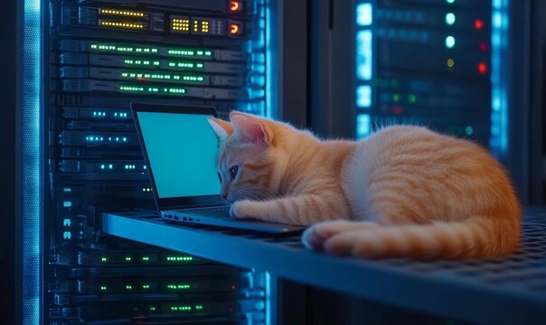 Ginger cat lying on a server rack shelf in a technology data center server room