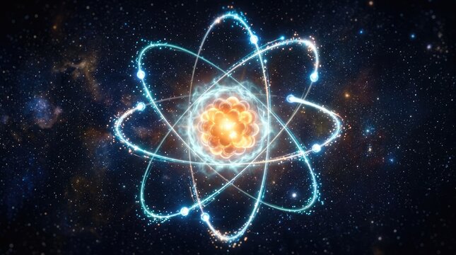 Glowing atomic structure model featuring bright golden core and shimmering blue light rings in space