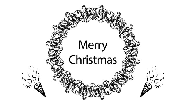 Christmas wreath hand drawn vector created with objects like bell, ball, cand ycane, leaf, confetti. merry christmas