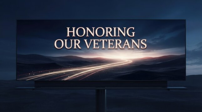 Billboard featuring honoring our veterans text on dark blue landscape with bright light trails for military appreciation.
