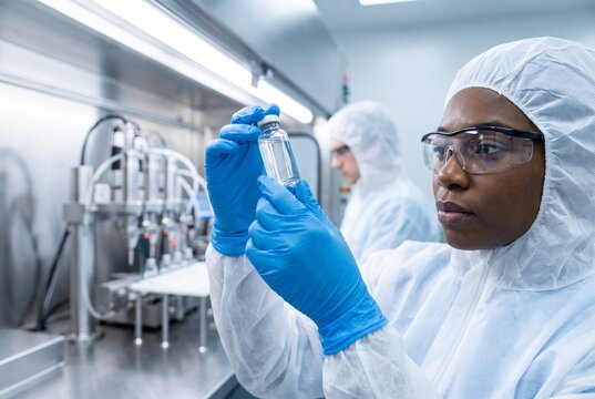 Diverse biotechnology researchers in a sterile pharmaceutical laboratory, female scientist examining a vial during drug development and biopharmaceutical manufacturing