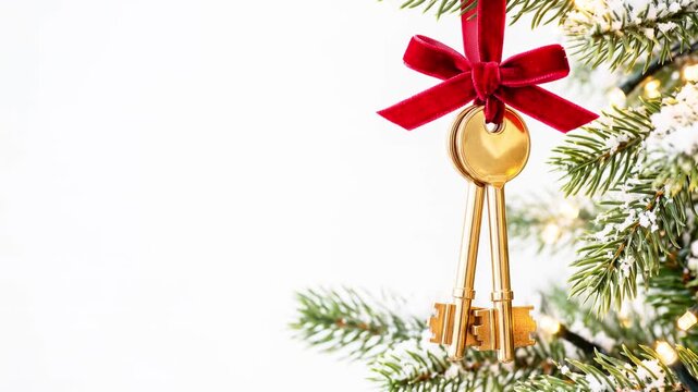 Christmas house keys on fir branches with snow and festive lights with space for text. Concepts related to buying real estate, moving, or renting a home