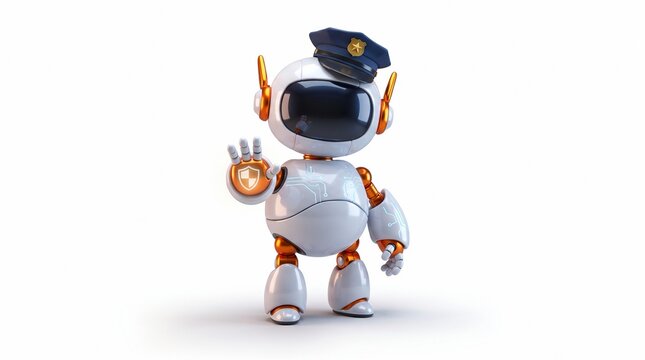 A small white robot wearing a police hat makes a stop gesture on white background with humanoid robot shield wears hat with shield icon hand
