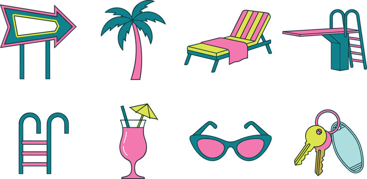Retro Summer Pool Resort Vector Icon Set Featuring Mid Century Arrow Sign Palm Tree Lounge Chair Diving Board Ladder Cocktail Sunglasses And Motel Keys