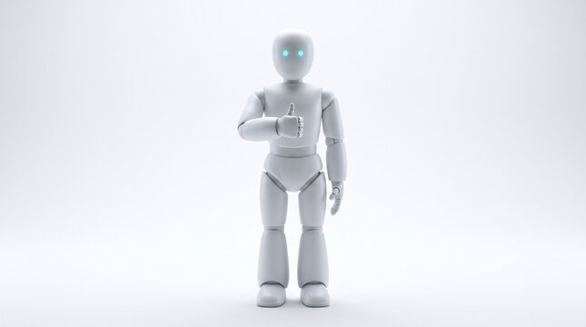 A white humanoid robot standing against a plain background and showing a thumbs up gesture with eyes stands against robot glowing blue