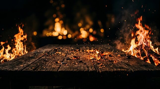 Bright orange flames and glowing embers burning on a dark wooden surface at night time