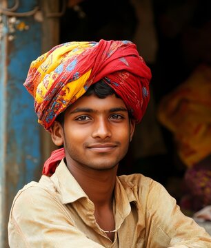 Young indian man wearing a vibrant traditional turban and patterned shirt looking at camera