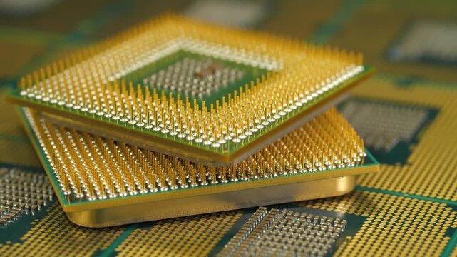 Central processing units with golden pins and contacts showcase modern computer hardware and advanced computing technology for powerful personal computing systems