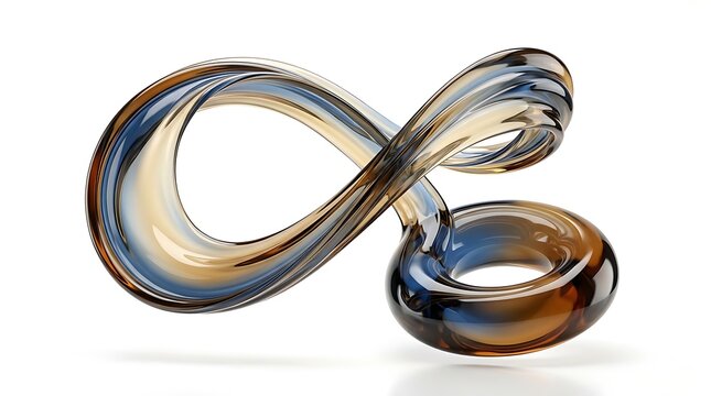 Glass infinity loop sculpture with blue and gold tones on a white reflective surface
