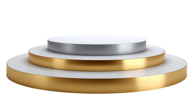 Luxury gold three tier round podium with white tops and silver top platform, metallic pedestal stage for jewelry display on white background