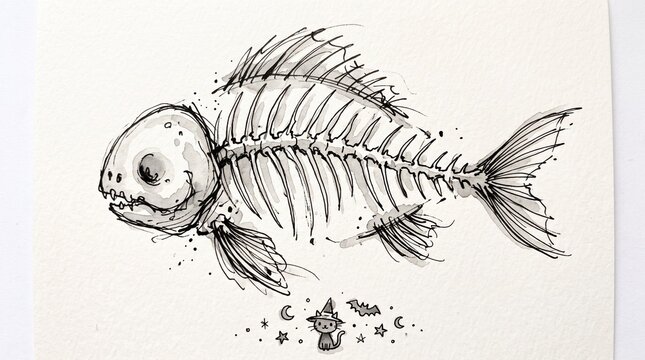 Ink and watercolor drawing of a large fish skeleton with a tiny cat wearing a witch hat with drawn illustration large whimsical hand drawn