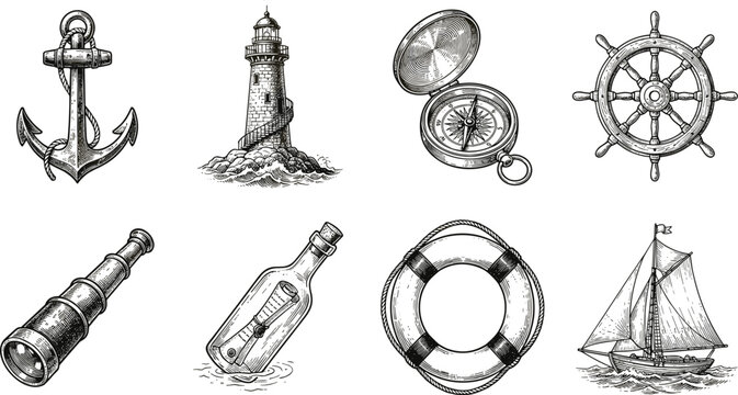 Vintage Nautical Element Icon Set Featuring Hand Drawn Anchor Lighthouse Compass Steering Wheel Spyglass Message In A Bottle Lifebuoy And Sailing Ship Vectors