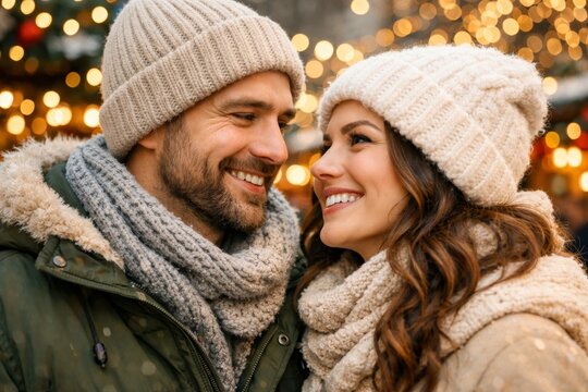 Smiling couple in winter market with knitted hats and scarves for christmas holiday greeting card and festive banner
