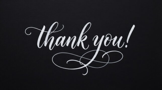 Elegant white hand written calligraphy thank you text on a solid black background for greeting cards