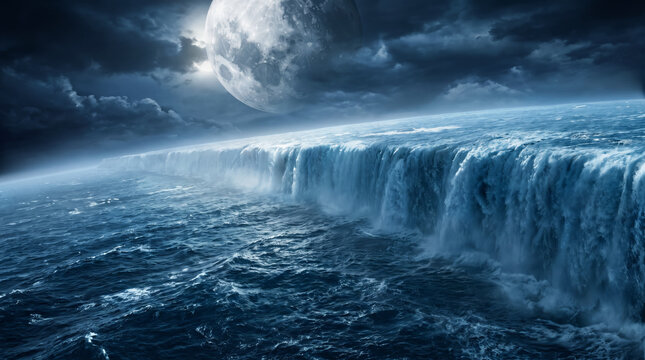 Giant Waterfall Across an Alien Ocean Planet