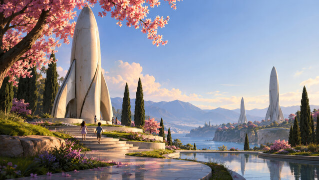Children exploring smooth retired rockets in a flowering garden, a hopeful futuristic scene about the history of space travel, public parks, childhood curiosity and a peaceful settled world