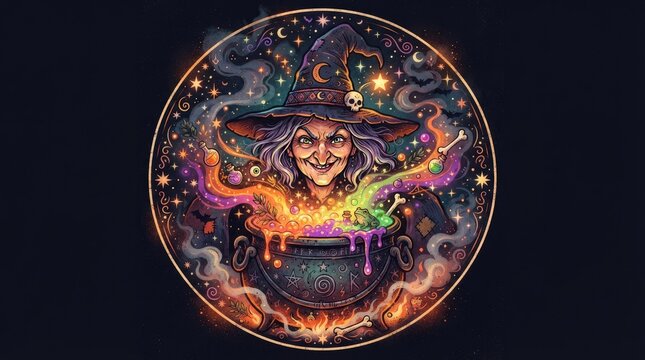 A mystical witch casting a colorful magic spell inside a circular frame with swirling cosmic energy and stars