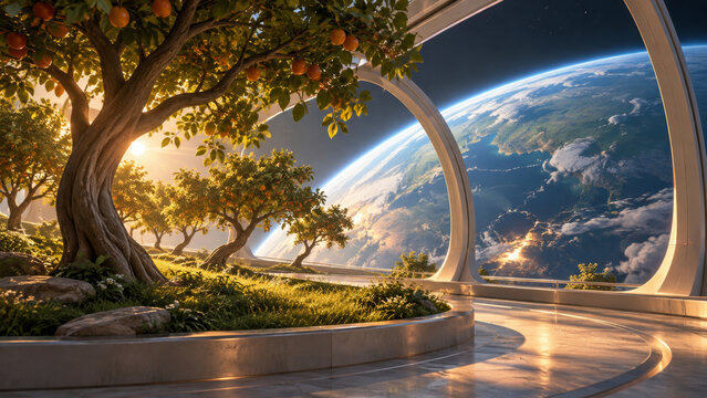 Fruit trees growing inside an orbital habitat above a blue planet, a futuristic illustration of space agriculture, sustainable living, artificial ecosystems and the quiet beauty of an orbiting garden