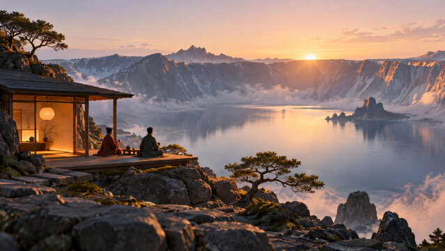 Small tea house overlooking a quiet crater lake at dawn, a peaceful off-world retreat with warm hospitality, volcanic scenery and themes of rest, travel and human connection on another planet