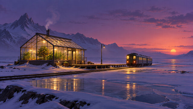 Glowing greenhouse beside a remote train stop on frozen plains at violet dusk, a futuristic travel scene about warmth, food growing and community in a harsh off-world winter settlement