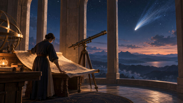 Scholar studying paper star charts beside a telescope as a comet appears beyond the observatory, a timeless astronomy scene blending research, celestial navigation, discovery and scientific curiosity