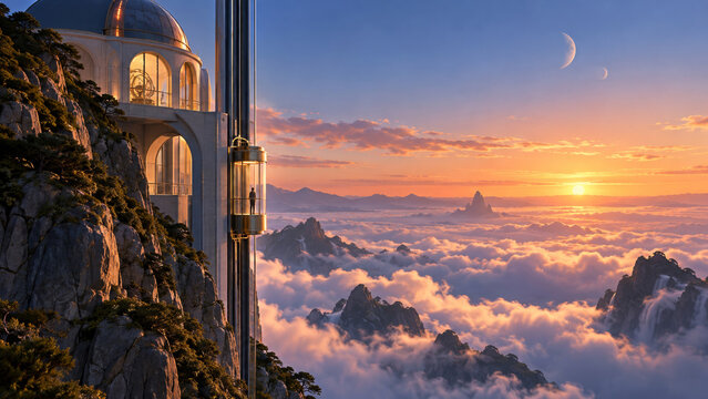 Glass elevator climbing the outside of a cliffside observatory above clouds at sunrise, a spectacular futuristic architecture scene for astronomy, high-altitude travel and sweeping celestial views
