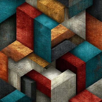 Abstract isometric 3D composition of textured geometric blocks in teal red and gold