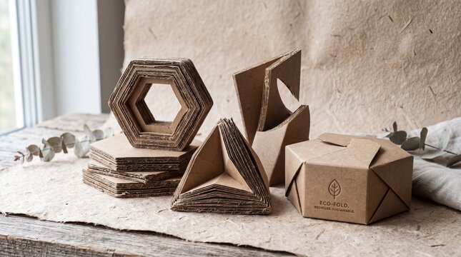 Eco friendly recycled cardboard origami packaging boxes and geometric craft paper shapes on table