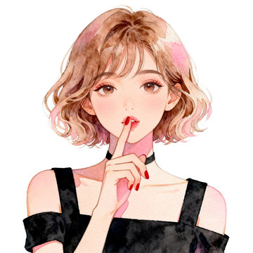 Young woman with short wavy hair making shushing gesture in watercolor style