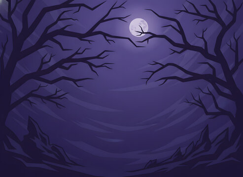 Spooky dark forest landscape featuring bare tree branches silhouettes under a glowing full moon shining brightly in a mysterious purple night sky background