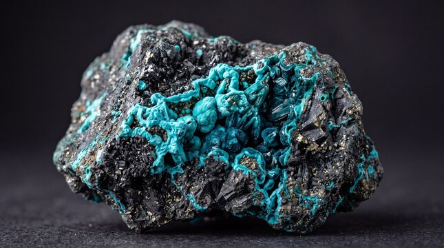 Raw chrysocolla and malachite mineral specimen with vibrant turquoise crystals on dark rock matrix
