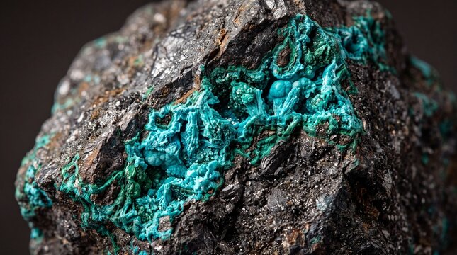 Extreme macro close up of rough chrysocolla and copper mineral crystals on textured rock matrix