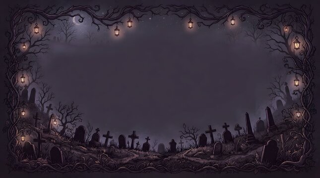 Spooky Halloween graveyard background featuring gnarled twisted branches hanging glowing lanterns framing a dark mysterious cemetery landscape with old tombstones under pale moonlight
