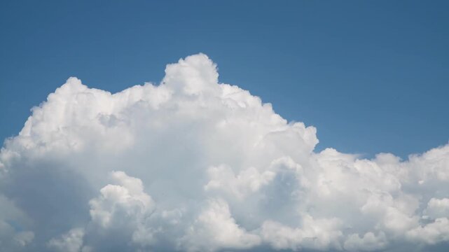 Time lapse of billowing white cumulus clouds rising and changing shape against a deep blue sky, a bright cumulus cloudscape in summer