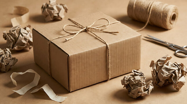 Cardboard box tied with twine rests among crumpled packaging paper and scissors.