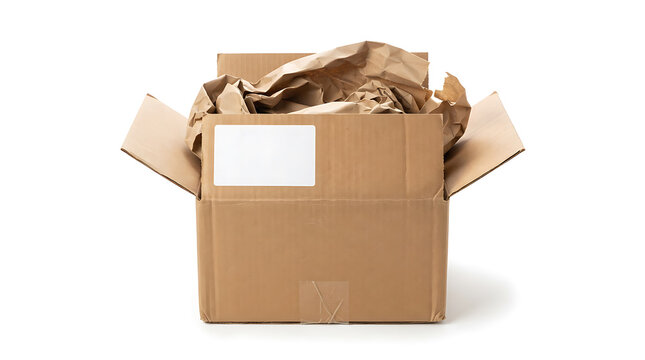 Cardboard box opened with crumpled paper packaging and a blank shipping label sits on a white background.