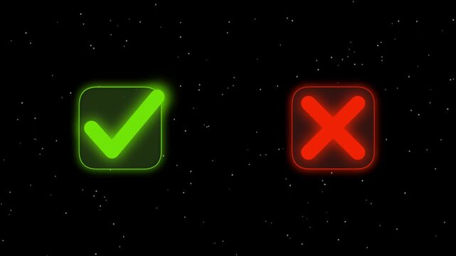 Abstract Green check mark and red cross circle icons for right wrong approved rejected decision and true false  concept isolated on black background. Check mark and cross mark signs icon animation.