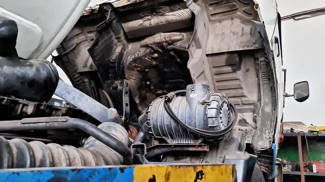 Heavy duty truck undergoing maintenance with tilted cabin exposing engine compartment and large air filter system