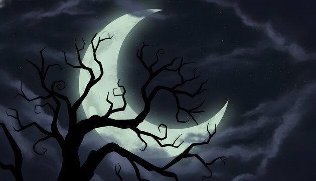 Spooky twisted dead tree silhouette standing dramatically against glowing crescent moon in dark night sky filled with clouds and distant stars for halloween celebration art