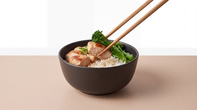 Chopsticks Picking Up Grilled Chicken and Broccolini from a Rice Bowl