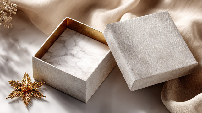 Empty gift box with an open lid, adorned with a golden ribbon and bow, resting on a draped beige fabric, offering ample copy space for promotional content